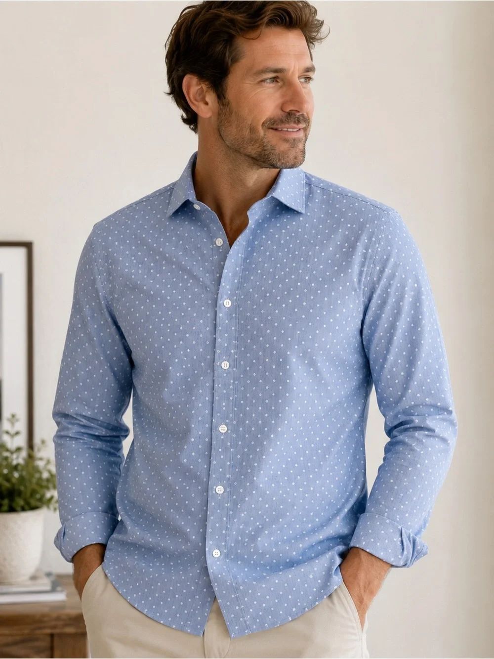 Artefact Men’s Slim Fit Grey Blue Geometric Button-Down Shirt Medium